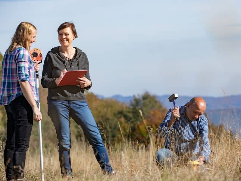 Professional land surveyors conducting a boundary survey on a residential property