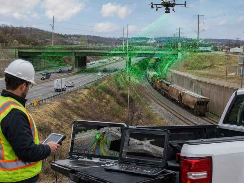 LiDAR mapping in Wilmington North Carolina showing a surveyor using drone scanning and mapping equipment near a major highway and rail corridor.